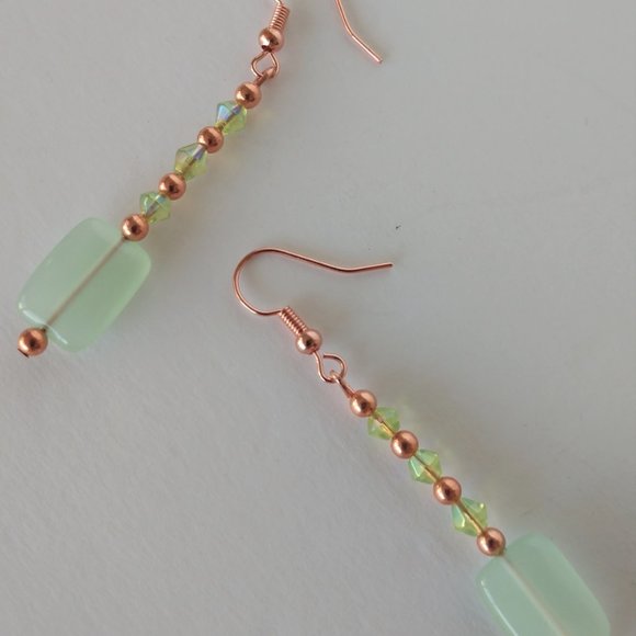 Green Dangle Earrings With Copper Plated Fishhook Wires Handmade 2.5 Inches - Picture 7 of 16
